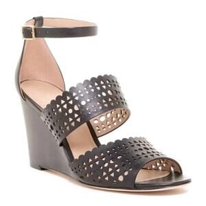 Tory Burch Perforated Gladiator Wedge Sandal Black Leather Laser Cut Open Toe 11